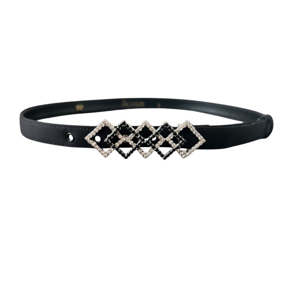 VINTAGE Diamond shape sliver black jewel skinny soft suede like belt